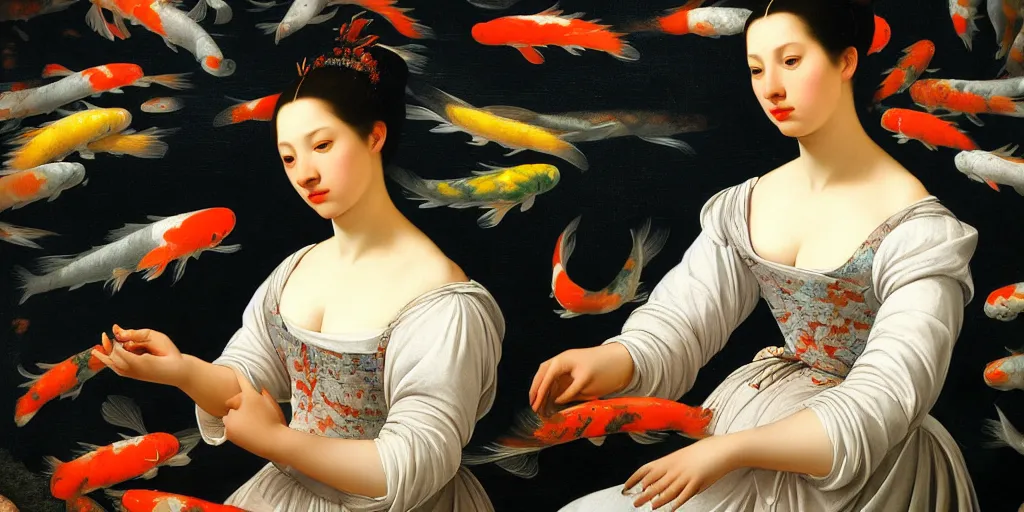 Prompt: beautiful oil matte portrait painting, woman surrounded by multiple koi fishes, wonderful masterpiece highly detailed, beautiful cinematic light deep focus, elegant, digital painting, smooth, sharp focus, golden ratio, dramatic illumination, ultra realistic, 8 k, art by artemisia lomi gentileschi and caravaggio