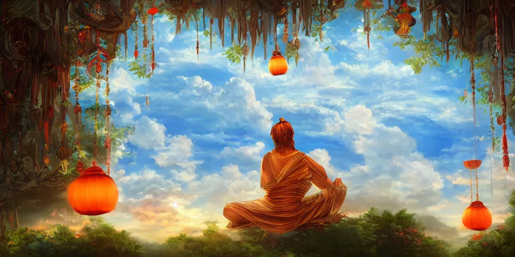 Prompt: painting of wind god enjoying the view from his heavenly palace, decorated with windchimes and paper lanterns, nature and clouds in background, digital art, trending on artstation