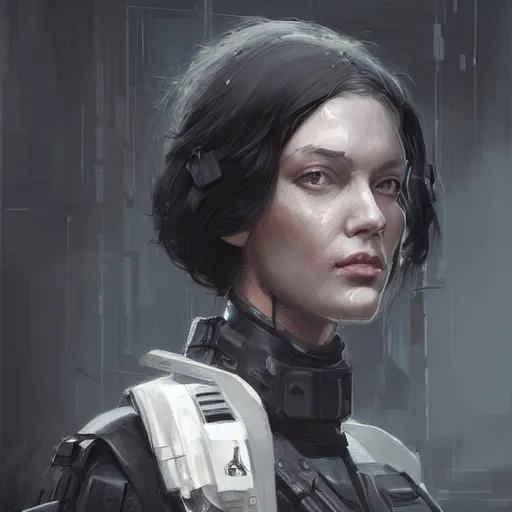 Image similar to portrait of a woman by greg rutkowski, she is about 3 0 years old, messy black bob hair, pale round face, tired eyes, she is wearing futuristic black colored tactical gear, highly detailed portrait, digital painting, artstation, concept art, smooth, sharp foccus ilustration, artstation hq