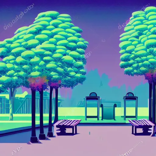 Image similar to art deco vaporwave illustration of a park with trees and benches, in a futuristic pastel city