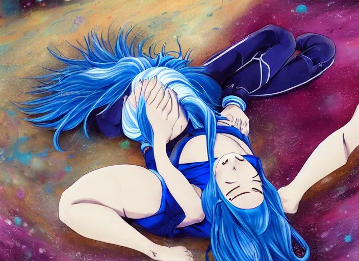 Image similar to a woman with blue hair laying on the ground with her head down, a detailed painting by rei kamoi, featured on pixiv, space art, official art, anime, toonami