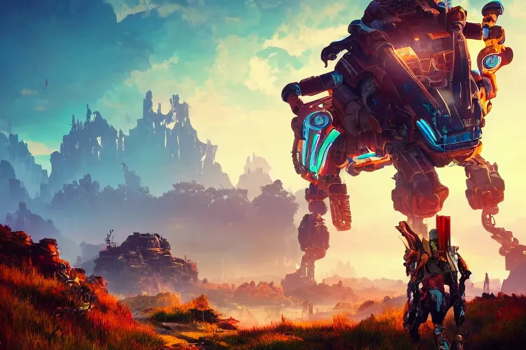 Image similar to watcher machine mecanical creature robot of horizon forbidden west horizon zero dawn radiating a glowing aura global illumination ray tracing hdr fanart arstation by ian pesty and alena aenami artworks in 4 k