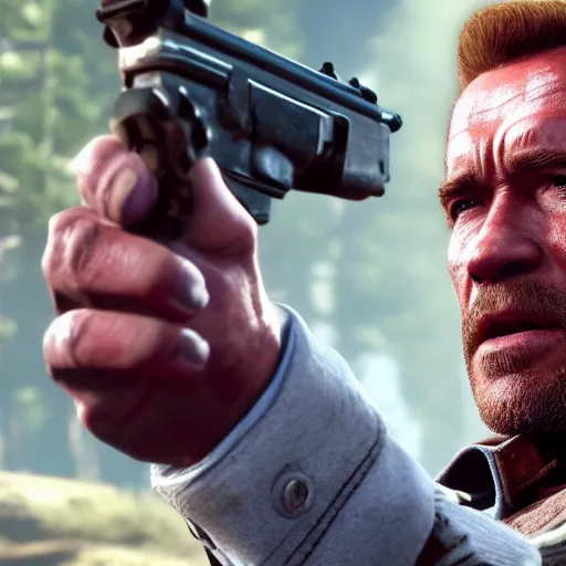 Prompt: Film still of Arnold Schwarzenegger, from Red Dead Redemption 2 (2018 video game)