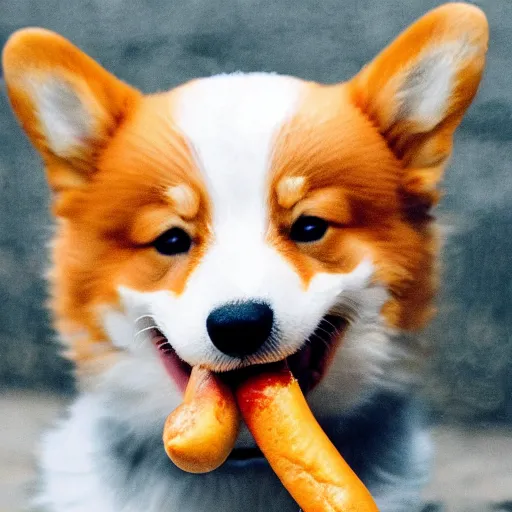 Prompt: a corgi puppy eating a hotdog
