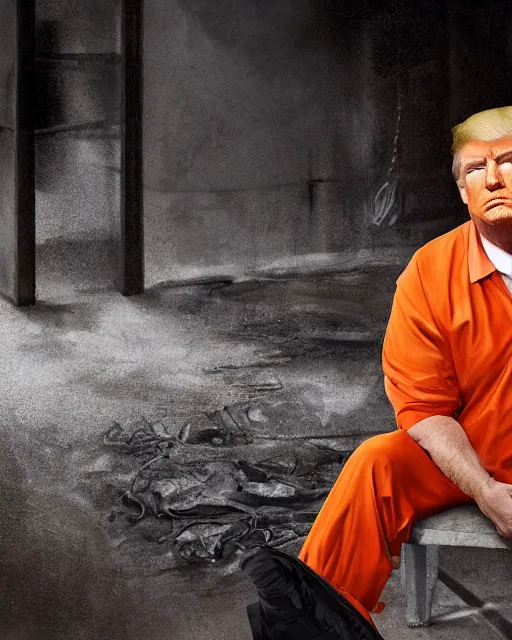 Image similar to a head and shoulders portrait of Donald trump wearing a orange jumpsuit, sitting on the floor of a filthy rat infested concrete jail, dimly lit, volumetric lighting, in jail by craig mullins and Annie Leibowitz, octane, 8k,