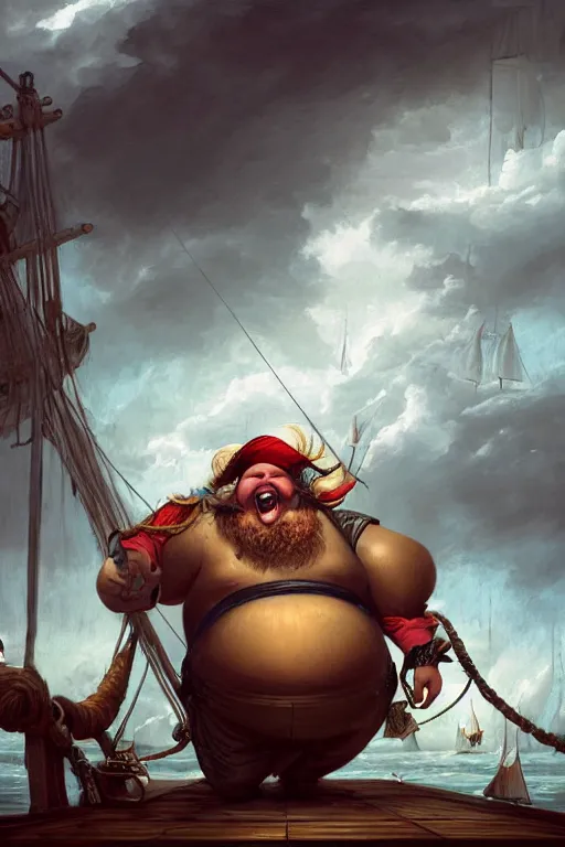 Prompt: mid shot portrait of an obese fat pirate with two peglegs and two hook hands steering a wooden galleon through a rain and lightning storm. view from on deck, sails and masts and rigging, detailed dynamic light painting by peter mohrbacher