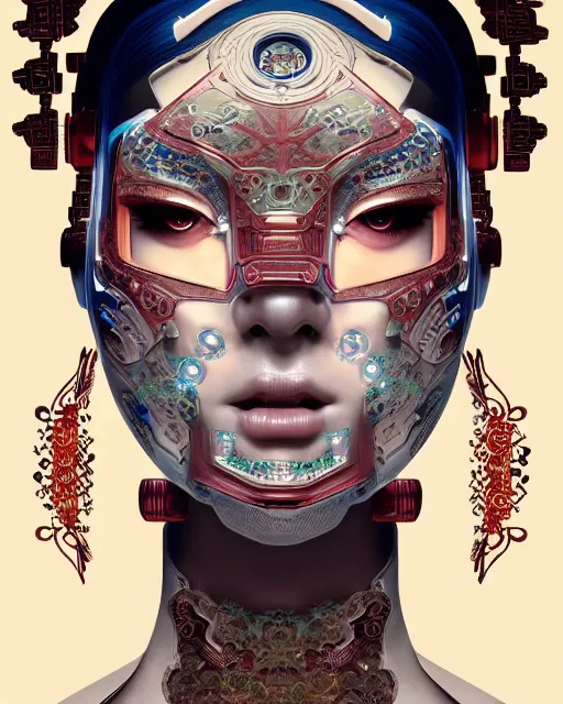 Image similar to portrait of a cyberpunk machine, machine face, upper half portrait, decorated with chinese opera motifs, asian, fine china, traditional chinese art, intricate, elegant, highly detailed, symmetry, headpiece, digital painting, artstation, concept art, smooth, sharp focus, illustration, art by artgerm and greg rutkowski and alphonse mucha, 8 k