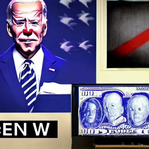 Image similar to joe biden as pennywise printing dollars, photo portrait, hyper realism, symmetry, awesome exposition, cnn news broadcast screen capture, very detailed, highly accurate, professional lighting diffracted lightrays, 8 k, sense of awe