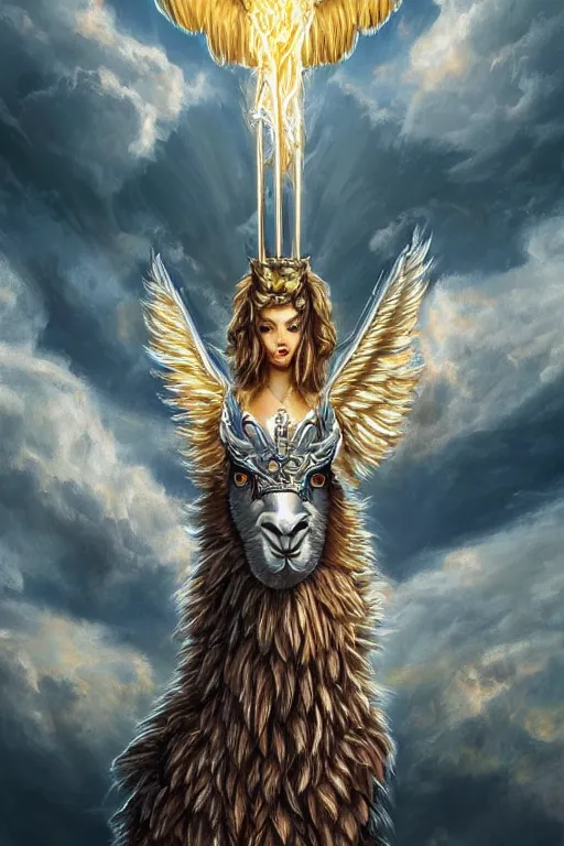 Prompt: A beautiful fierce llama angel with wings, wearing metal battle armor and a flaming sword, among heavenly sunlit clouds, symmetric, winged, close-up, intricate anthro llama portrait, elegant, digital llama painting, golden hour photo, cinematic, trending on artstation, anthro concept art, smooth, sharp focus, llama, illustration, art by artgerm and Greg Rutkowski and Alphonse Mucha, daily deviation, llama llama, anthro art masterpiece