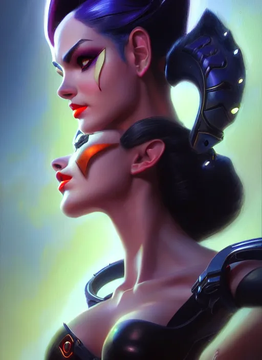 Image similar to beautiful widowmaker from overwatch, fantasy, fantasy art, character portrait, portrait, close up, highly detailed, scifi art, intricate detail, amazing detail, sharp focus, vintage fantasy art, vintage sci - fi art, radiant light, trending on artstation, caustics, by boris vallejo