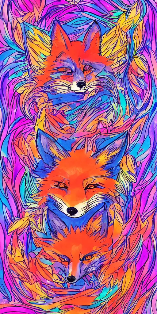 Prompt: a magical anime fox, bright colours, drawn in classic Japanese style amazing line work, high quality, Psychedelic, Tarot card, tarot card strength