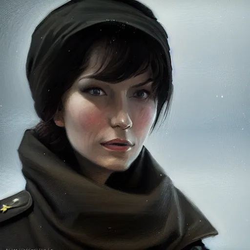 Image similar to Portrait of a woman by Greg Rutkowski, she is about 20 years old, round face, mixture between german and russian, black bob hair, attractive, determined but resentful look, she is wearing futuristic military fatigues with a black scarf, highly detailed portrait, scifi, digital painting, artstation, concept art, smooth, sharp foccus ilustration, Artstation HQ.