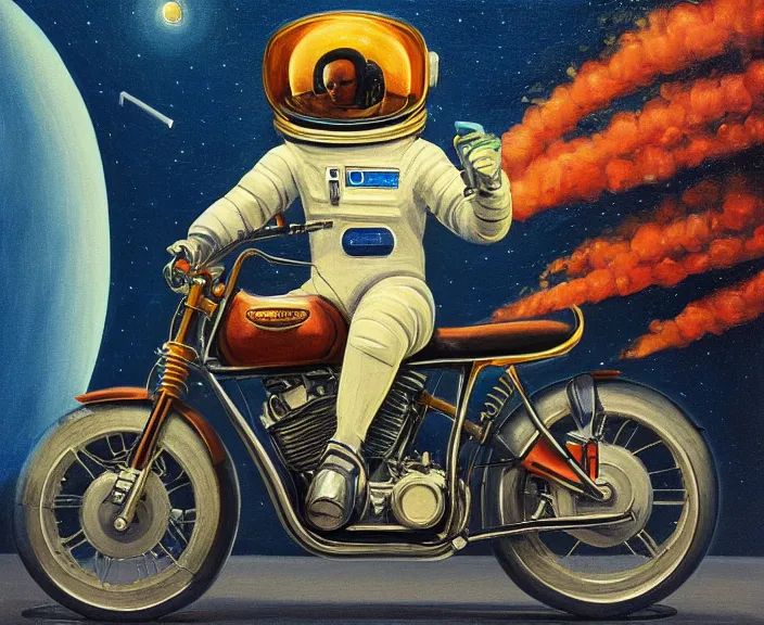 Image similar to a very detailed painting of a astronaut wearing a suit, riding a motorbike down a street, harley davidson motorbike, worm's - eye view, very fine brush strokes, very aesthetic, very futuristic, in the style of edward hopper and grant wood and syd mead, 4 k,