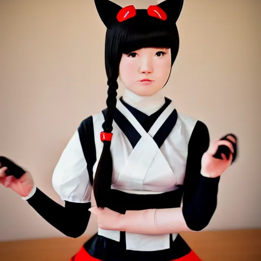 Prompt: hitler wearing an japanese maid costume and cat ears, 4 k, hyper realistic, dslr, high resolution, landscape, beautiful
