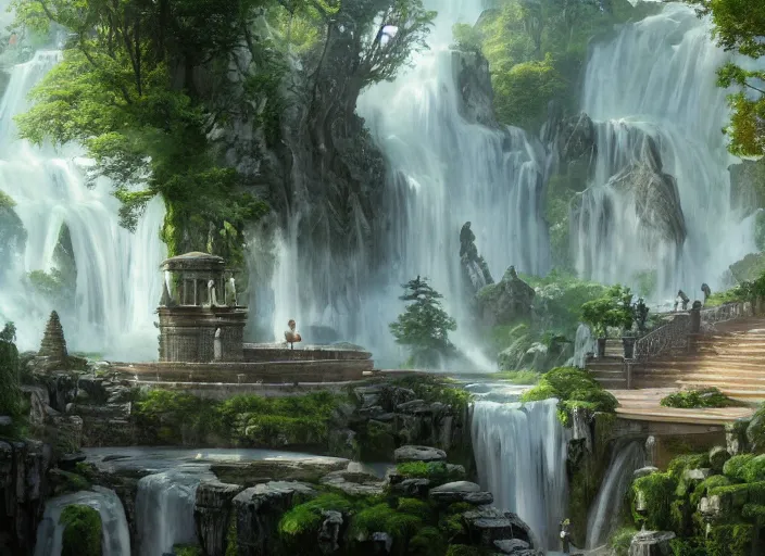Image similar to A bathhouse with waterfalls in a beautiful elven city made of white marble, anime, lush trees, fountain, a fantasy digital painting by Greg Rutkowski and James Gurney, trending on Artstation, highly detailed