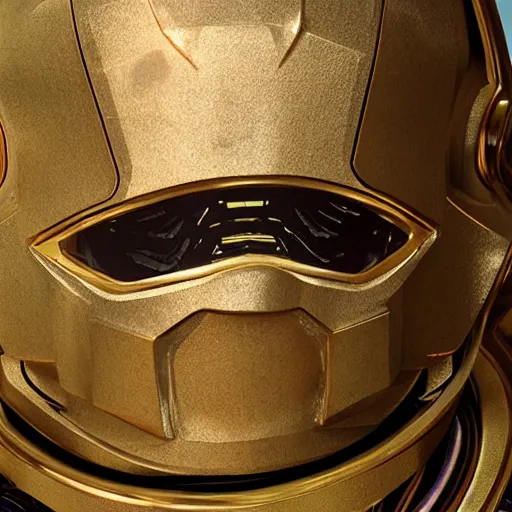 Prompt: gold sci fi helmet design, robotic pieces, clear opaque mask, cables, ridley scott, neill blomkamp, weta digital, realistic ceinmatic lighting, ultra detailed, hyper realism, 8k, low angle