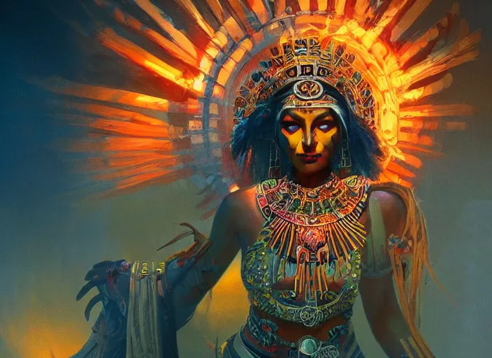 Image similar to aztec sun goddess, vivid colors, dark shadows, contrast, concept art, sharp focus, digital art, Hyper-realistic, 4K, Unreal Engine, Highly Detailed, Dramatic Lighting, Beautiful, by Brom, bastien lecouffe-deharme