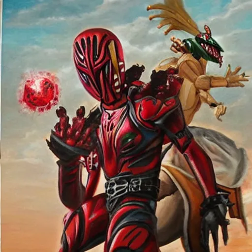 Image similar to a realistic painting by Raffaello Sanzi depicting the Kamen Rider Kuuga with the head of the symbiotic Freddy Krueger in the Renaissance.