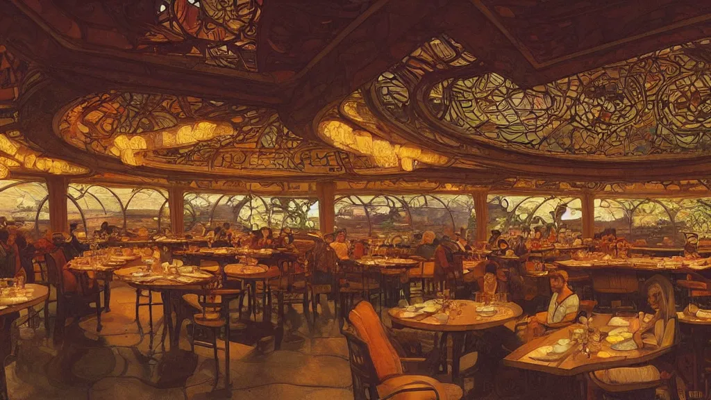 Image similar to a beautiful painting of the view from the river of the interior of a round restaurant designed by frank lloyd wright, at night with a sky full of stars, intricate, elegant, highly detailed, digital painting, artstation, concept art, by krenz cushart and artem demura and alphonse mucha