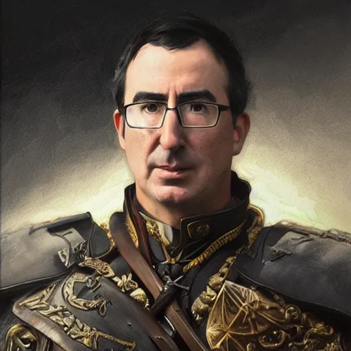 Prompt: portrait of stoic looking john oliver as vigo carpathian, military uniform, fantasy, intricate, elegant, highly detailed, centered, dark, smokey, charcoal painting, digital painting, artstation, concept art, smooth, sharp focus, illustration, art by artgerm and greg rutkowski and alphonse mucha