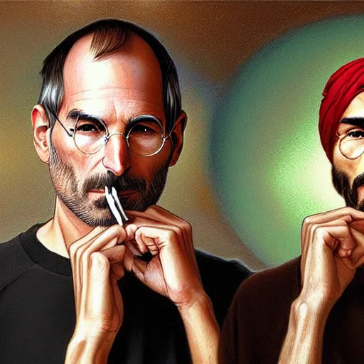 Image similar to Portrait of steve jobs and tupac smoking pot in heaven, fantasy, intricate, elegant, highly detailed, digital painting, artstation, concept art, smooth, sharp focus, illustration, art by artgerm and greg rutkowski and alphonse mucha