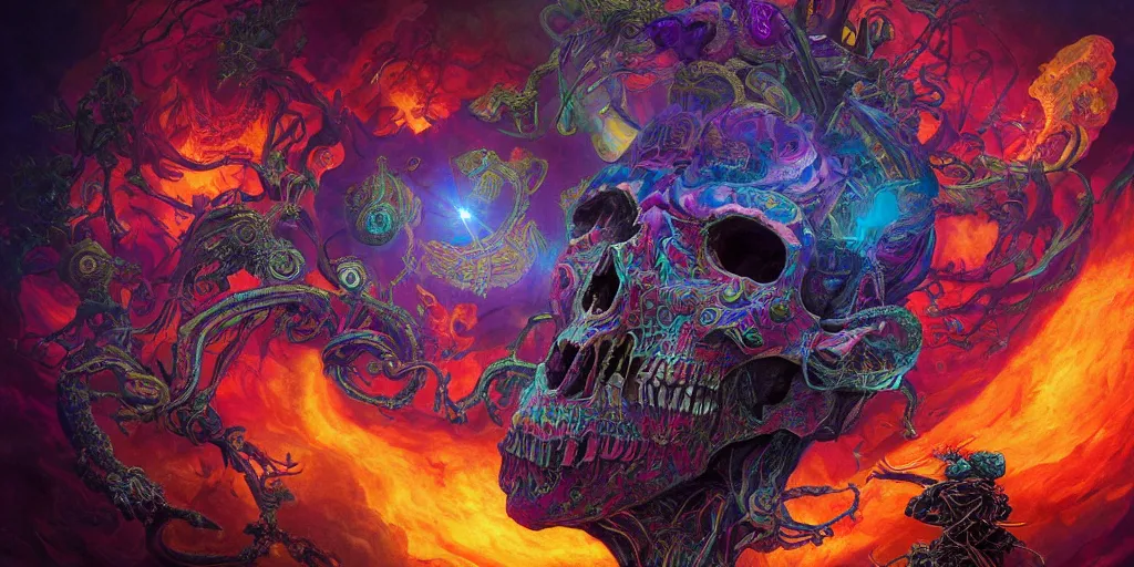 Image similar to gigantic psychedelic demonic cosmic skull of death and fire, outer space, fantasy painting, ultra realistic, dmt, rule of thirds, wide angle, art nouveau, intricate details, digital painting, rainbowshift, vivid colors, highly detailed by peter mohrbacher, h. r. giger, maxfield parrish, craig mullins, octane render, cgi