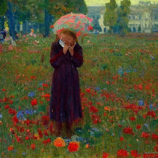 Image similar to Devastated Greta Thunberg crying onto the last plant on earth, impressionism, bright vivid colors, by Greg Rutkowksi and Ilya Repin