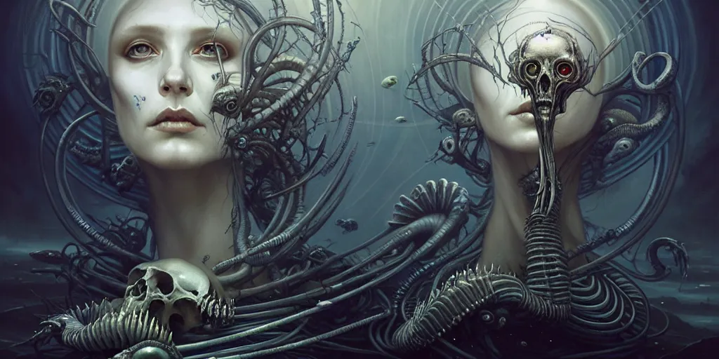 Prompt: shkkeled in the voied, by hr giger and cgsociety. stunning goddess of speed charlie bowater and tom bagshaw, insanely detailed, artstation, space art. atoms surrounded by skulls and spirits deep under the sea, horror, sci - fi, surrealist painting, by peter mohrbacher anato finnstark