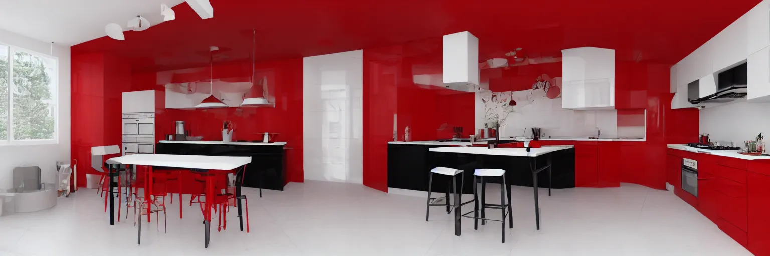 Image similar to photo of a black kitchen, red walls, white floortiles, architecture, concept art