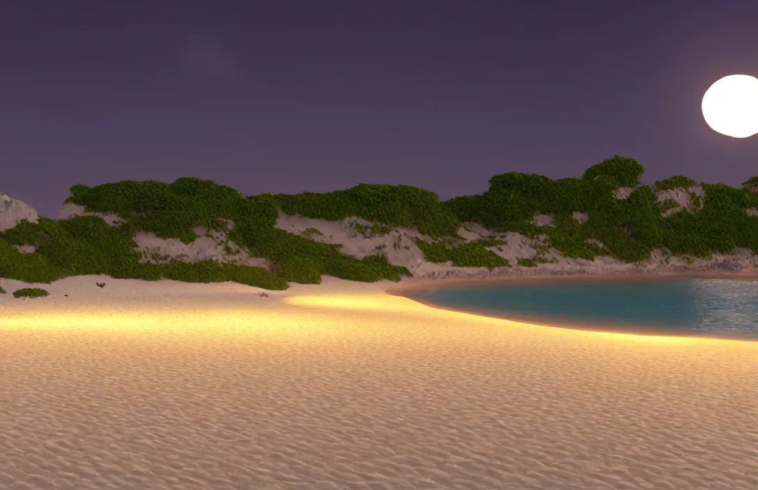 Image similar to on the beach by the sea, at night, unreal engine rendering