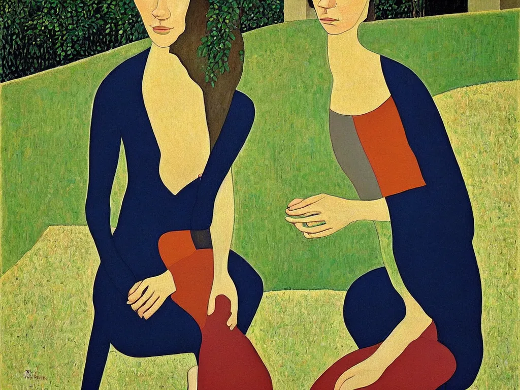 Image similar to a painted portrait of a women outdoors paused in thought, art by felice casorati, aesthetically pleasing and harmonious colors, expressionism