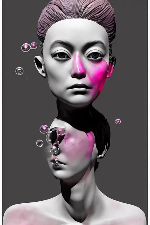 Prompt: an epic non - binary model, subject made out of cracked porcelain with oozing bubbles bursting out, delicate, beautiful, intricate, black and white colors, with pastel pink highlights, melting, houdini sidefx, by jeremy mann and ilya kuvshinov, jamie hewlett and ayami kojima, trending on artstation, bold 3 d