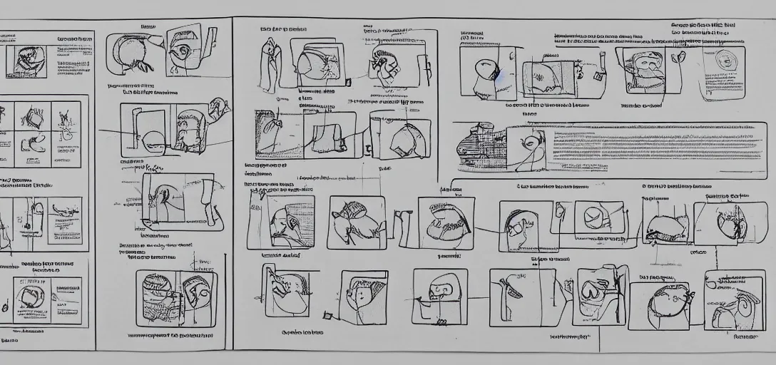 Image similar to Extremely complex instruction manual for a sock puppet, with numerous detailed schematic diagrams.