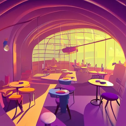 Image similar to cafe in the clouds, brightly illuminated by rays of sun, artstation, colorful sylvain sarrailh illustration, by peter chan, day of the tentacle style, twisted shapes