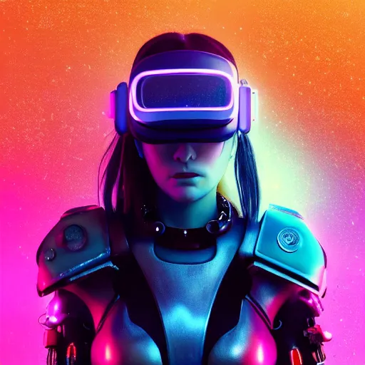 Image similar to cyberpunk concept cool warrior girl bot, cinema 4 d, galaxy, ufo, space sci - fi, wearing vr goggles, illustration, portrait, pastel neon textured background night, trending on artstation, greg rutkowski, octane rendered, 1 2 k, detailed,