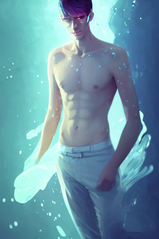 Prompt: character design, a slender, fair - skinned, elegantly dressed man with watery eyes, blurred environment background, colorful magic effects, white skin, portrait, male, clothed, sharp focus, digital art, concept art, trending on artstation, dynamic lighting, by emylie boivin and rossdraws