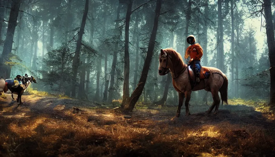 Image similar to american astronaut in the forest riding a horse, plants environment, wide angle, cinematic lighting, atmospheric, realistic, octane render, highly detailed, color graded, in the style of craig mullins