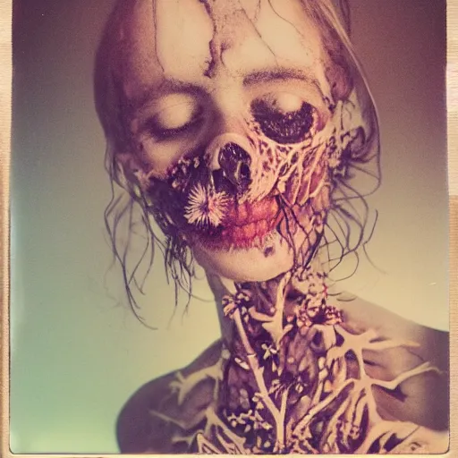 Image similar to a beautiful detailed front view portrait of a rotten woman corpse with fractal plants and fractal flowers growing around, volumetric light, beautiful lit, polaroid photography