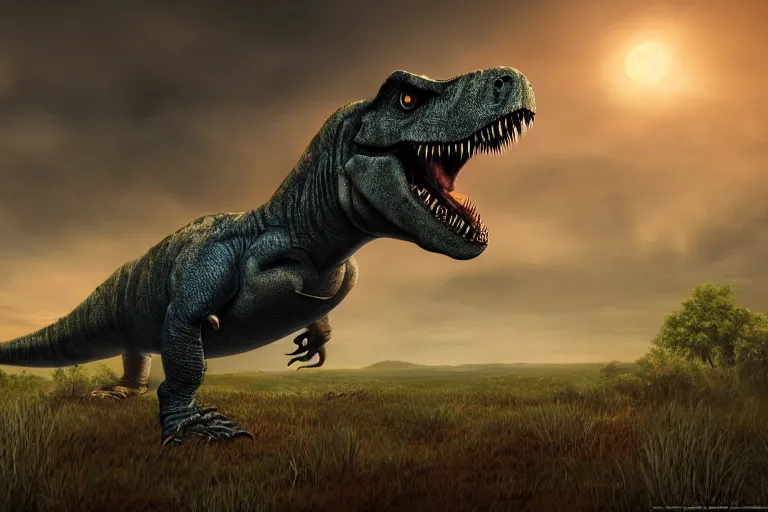 Prompt: Realistic photograph of a tired T-Rex dinosaur standing in the distance in the style of devilcore, gorecore, twilight, glows, detailed, studio quality, hd image,