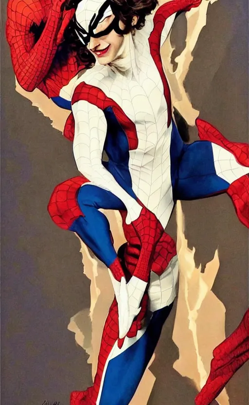 Prompt: Timothee Chalamet wearing redesigned spiderman suit, +++ super super super dynamic posing, j.c. leyendecker, Valentina Remenar, thick eyebrows, super serious facial expression, upscaled