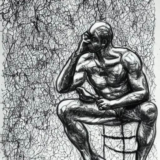 Image similar to The Thinker Sculpture covered in vibes and other plants, sitting in a dense luscious forest, B&W ink sketch, Naturalist notebook