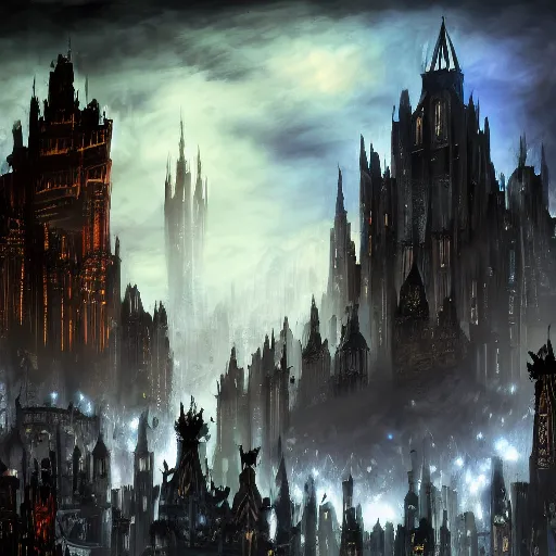 Prompt: fantasy dark medieval gothic cityscape on hill, painting, lights, darkness, lanterns, people in the streets, small buildings, city wall, dark fantasy, magic the gathering, blue tint, detailed, sharp focus, hyperrealistic, fantastic artwork, 4 k, artstation, high fantasy, ravnica, volumetric lighting, strong contrast, dark sky, far shot