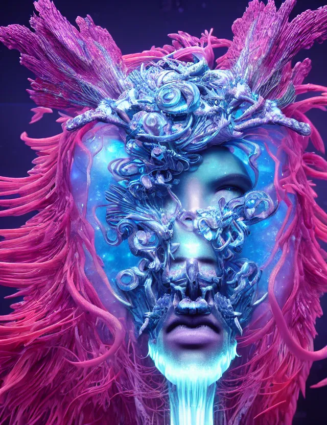 Image similar to render of goddess macro close - up portrait with crown made of phoenix ram skull. betta fish, jellyfish phoenix, bioluminiscent, plasma, ice, water, wind, creature, super intricate ornaments artwork by tooth wu and wlop and beeple and greg rutkowski