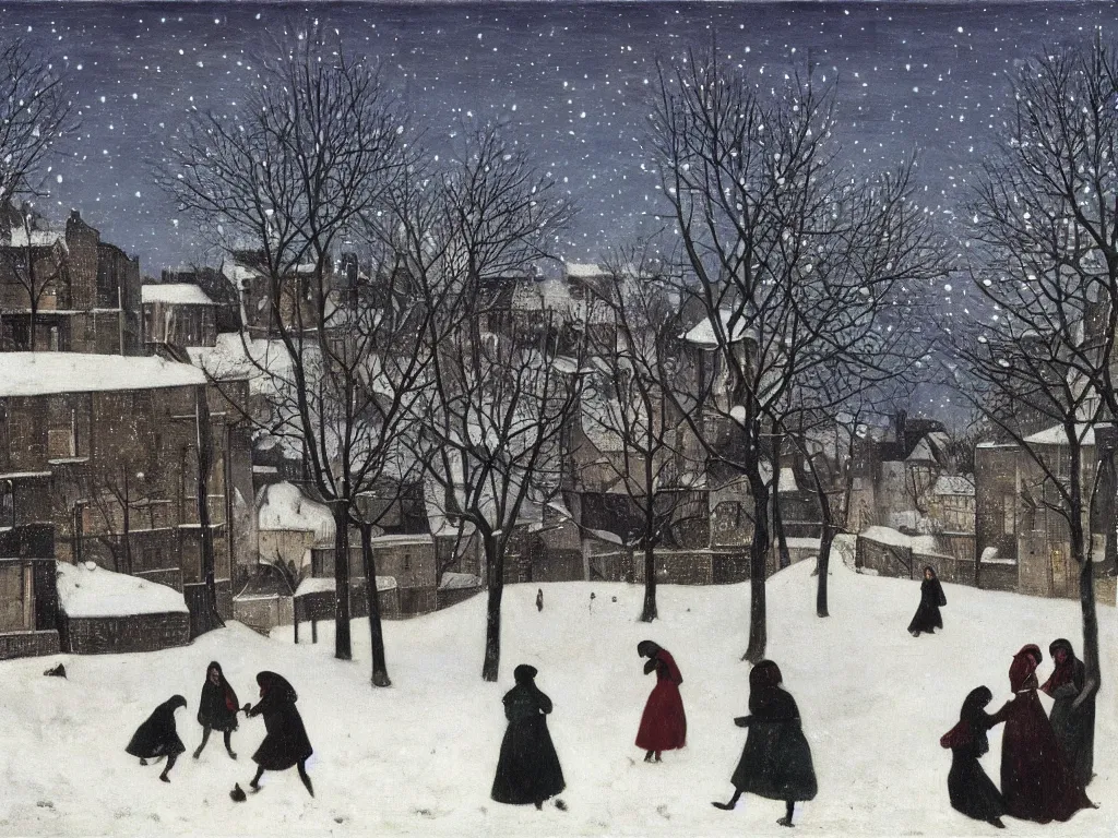 Image similar to Night scene. Women playing in the snow. Paul Delvaux