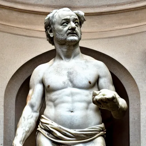 Image similar to bill murray as a marmor statue by michelangelo, church background