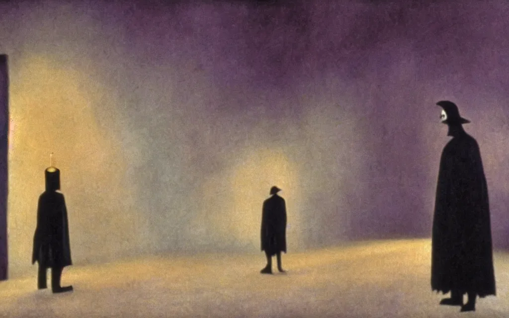 Image similar to high quality high definition colorized movie still from The Cabinet of Doctor Caligari: a lonely ghost walking alone at night in the woods, high quality oil painting, iridescent color palette