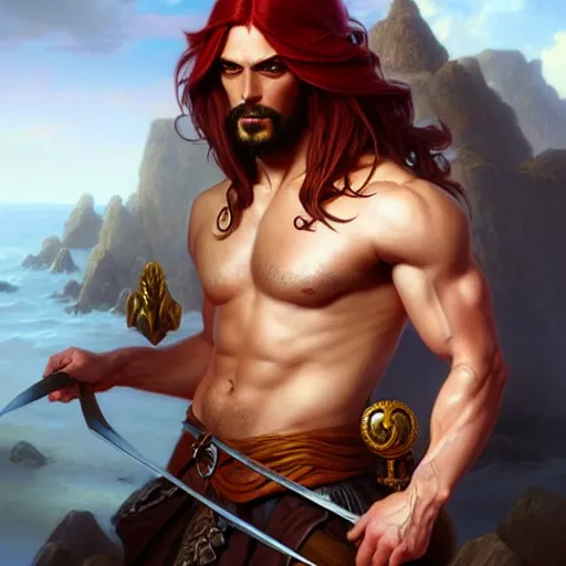 Image similar to full body shot of male pirate, D&D, handsome, amber eyes, muscular, fantasy, intricate, long hair, red hair, elegant, highly detailed, digital painting, artstation, concept art, smooth, sharp focus, illustration, art by artgerm and greg rutkowski and alphonse mucha