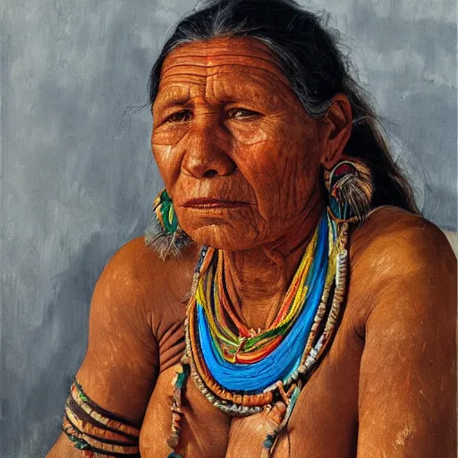 Image similar to high quality high detail painting by lucian freud, hd, portrait of a indigenous tribe woman, photorealistic lighting