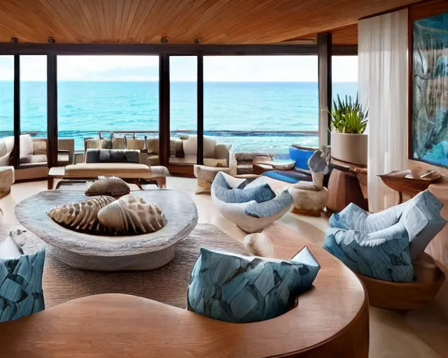 Image similar to A modern living room in a ocean hues style next to a big terrace overlooking the ocean, a luxurious wooden coffee table with large seashells on top in the center, amazing detail, 8k resolution, inspired by the ocean, calm, relaxed style, harmony, wide angle shot