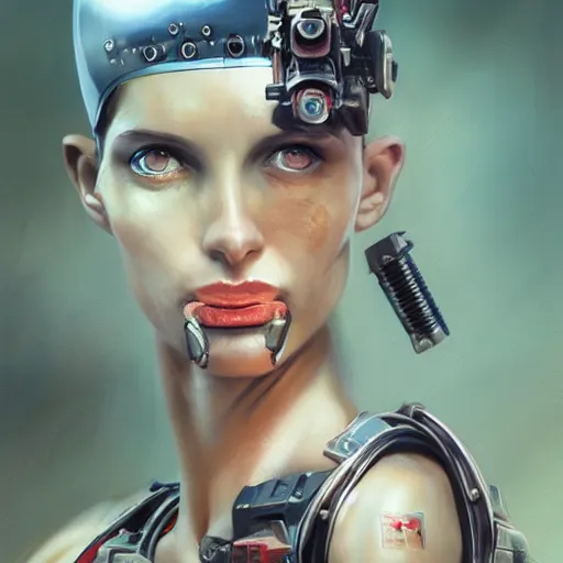 Image similar to tank girl, highly detailed, half human / cyborg, power implants, full body transmogrify, beautiful, mesmerising, look of desire, loving stare, digital painting, trending on artstation, concept art, 4 k, sharp focus, illustration, art by greg rutkowski and magali villeneuve